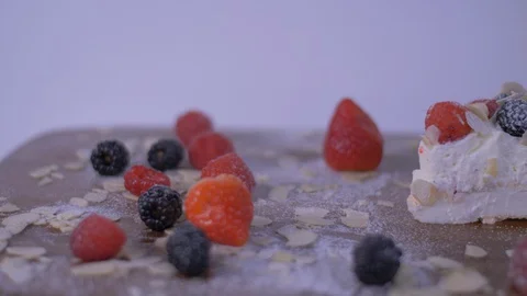 Close up of Sliced piece of Cake over white background. Cake, Berries 스톡 동영상 128080880