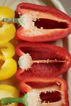 Close-Up of Sliced Red Capsicum Bells Pepper 写真素材