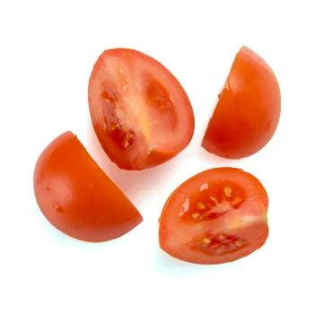 Close Up of Sliced Tomatoes on a White Background Stock Photos