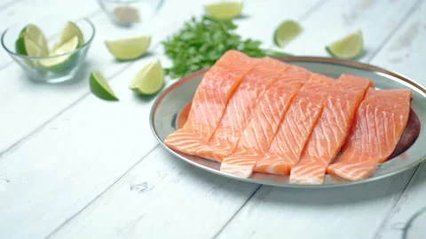 Close-up of slices of fresh raw red salmon. Stock Footage 132787913