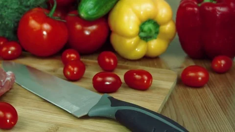 Close-up slices of raw meat and vegetables.  Stock Footage 84000457