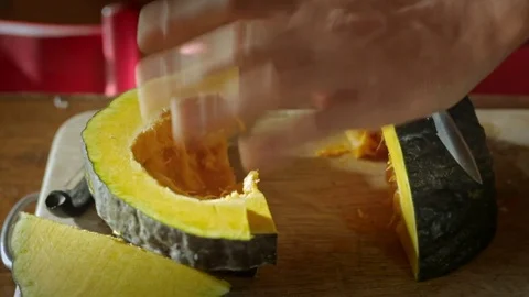 Close up of slicing pumpkin Stock Footage 72821784