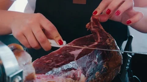 Close Up of Slicing Spanish Cured Ham Jamon Stock Footage 346022697