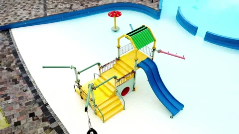 Close up of a slide for small children that is located inside a swimming pool Stock Footage 234969899
