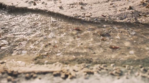 Close up slider motion along fresh water stream flowing over sand and stones Vidéo 315225547
