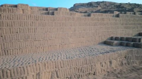 Close up sliding shot of ancient adobe brick wall at Huaca Pucllana Stock Footage 341270709