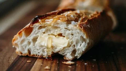 Close-up of slightly burnt white bread toast with melted butter on a rustic Stock Photos