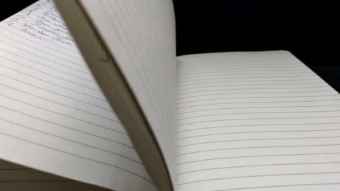 Close up slomo shot of a notebook's pages turning due to wind, some pages Stock Footage 129328404