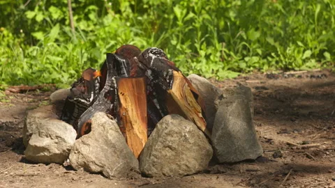 Close-up of a Slow Campfire Among Granite Stones in Spring Forest Stock Footage 335230409