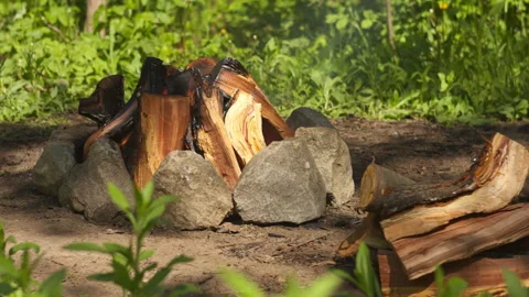 Close-up of a Slow Campfire Among Granite Stones in Spring Forest Stock-Footage 335230459