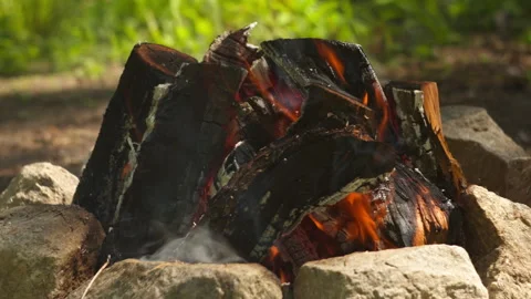 Close-up of a Slow Campfire Among Granite Stones in Spring Forest Stock-Footage 335230574
