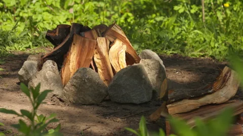 Close-up of a Slow Campfire Among Granite Stones in Spring Forest Stock Footage 335230664