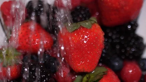 Close up slow motion of berries being washed with a spray of water. Stock-Footage 86536348