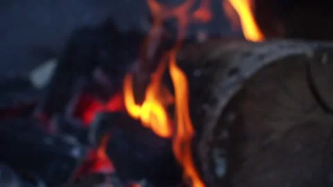 Close-up in slow motion of burning firewood in a bonfire with a blur of focus Stock Footage 248529108