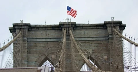Close Up Of Slow Motion Classic American Flag Waving In Wind On Brooklyn Bridge Stock Footage 112761902