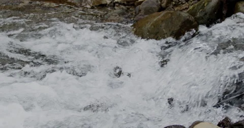 Close Up Slow Motion Flowing River Water with Rocky Shore Stock-Footage 336806274