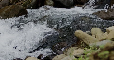 Close Up Slow Motion Flowing River Water with Rocky Shore 库存影片 336806283