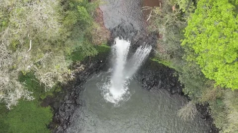 Close slow motion footage over a waterfall amidst trees. Aerial. Stock Footage 332259758