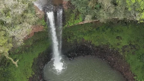 Close slow motion footage over a waterfall among trees. Aerial. Stock Footage 332259858