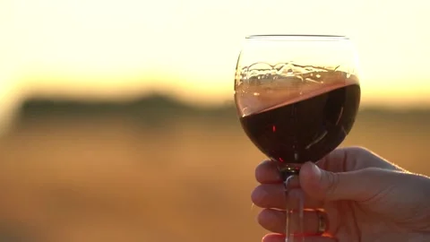 Close up. Slow motion. Glass of red wine in hand of girl against a sunset. Stock Footage 135542906
