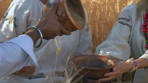 Close-Up, Slow Motion, Indian Guy Hands Pour the Wheat Grains from the Clay Pot Stock Footage 91933860