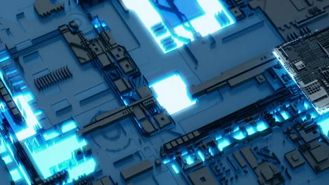 Close up Slow motion Microchip CPU on circuit board with blue lighting. 3D An Stock Footage 147940586