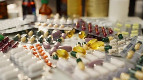 Close-Up in Slow Motion: Pills Cascading onto Prescription Medication Boxes Stock Footage 277999964