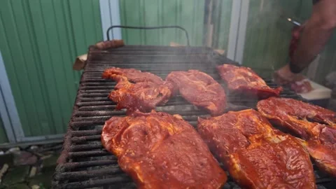Close-Up Slow Motion of Pork Neck Grilling in the Yard Today Stock Footage 346687049