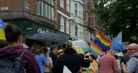Close Up Slow Motion Pride Parade Celebrating LGBTQ Rights In British City Stock Footage 113515723
