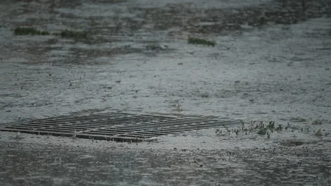 Close slow motion rain into a storm drain.  Stock Footage 105800895