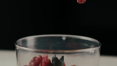 Close-up, Slow Motion, Raspberry Falls In Mixer Stock Footage 103488675