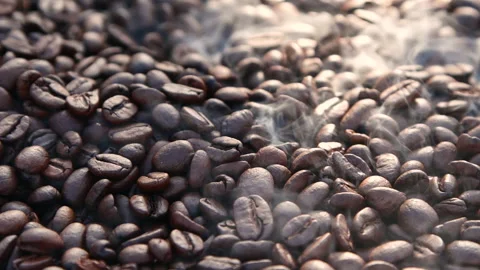 Close-up slow motion roasting coffee beans or seeds background with white smoke Vídeos de archivo 311793141