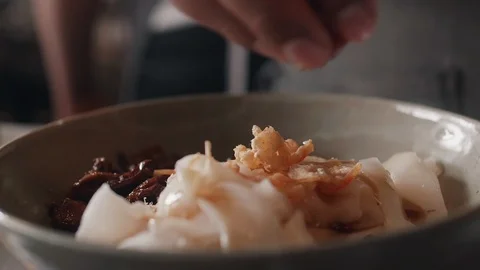 Close up slow motion shot of Chef decorating thai food Stock Footage 91085913