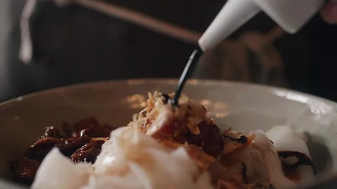 Close up slow motion shot of Chef decorating thai food Stock Footage 91085984