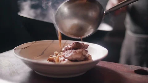Close up slow motion shot of Chef decorating thai food Stock Footage 91086107