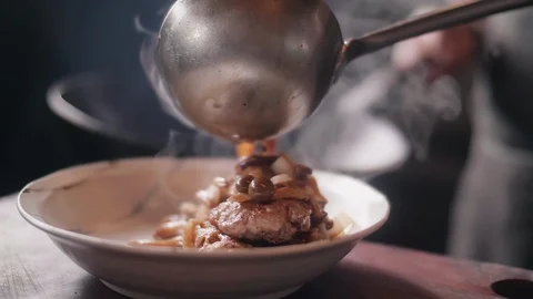 Close up slow motion shot of Chef decorating thai food Stock Footage 91086108