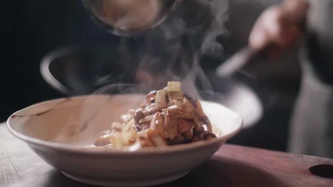 Close up slow motion shot of Chef decorating thai food Stock Footage 91086194