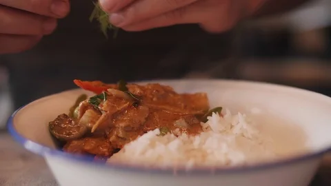 Close up slow motion shot of Chef decorating thai food Stock Footage 91087090