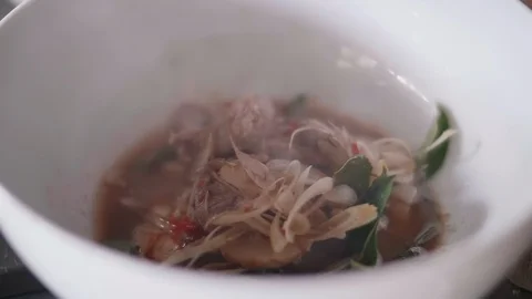 Close up slow motion shot of Chef decorating thai food Stock Footage 91087296