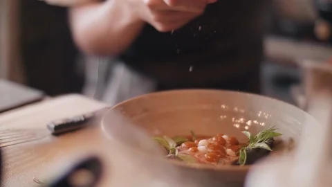 Close up slow motion shot of Chef decorating thai food Stock Footage 91087573