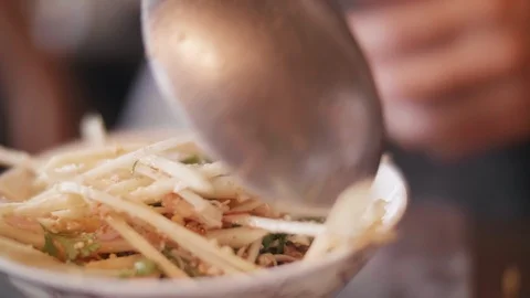 Close up slow motion shot of Chef decorating thai food Stock Footage 91087595