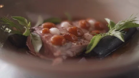 Close up slow motion shot of Chef decorating thai food Stock Footage 91087647