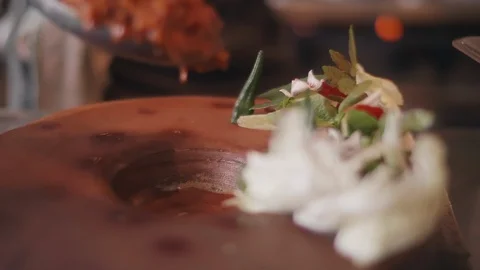 Close up slow motion shot of Chef decorating thai food Stock Footage 91087660