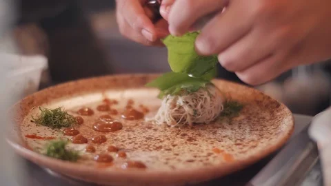 Close up slow motion shot of Chef decorating thai food Stock Footage 91087762