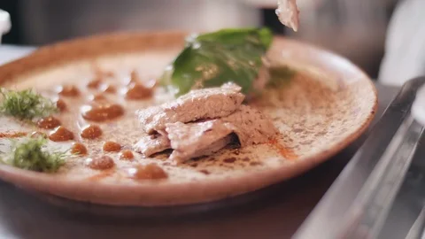 Close up slow motion shot of Chef decorating thai food Stock Footage 91087801