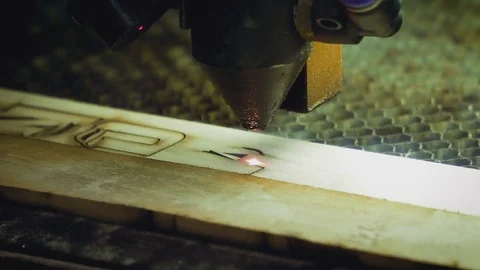 Close up slow motion shot, drilling, milling machine with laser cutting the wood Stock Footage 117064862