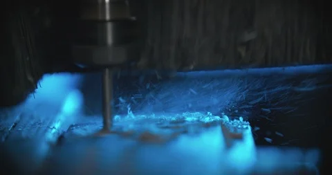 Close up slow motion shot, drilling, milling machine with CNC cutting wood. Vídeo Stock 117066059