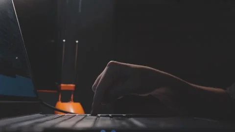 Close up slow motion shot of gentle female finger pressing laptop keyboard enter Stock Footage 161038016