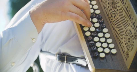 Close up slow motion shot man playing on accordion, musician hands. Vídeo Stock 117067255