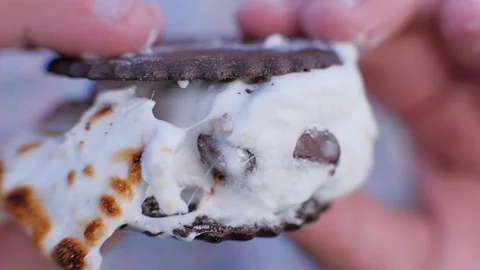 Close up slow motion shot of a marshmallow with two crackers Stock-Footage 106624801